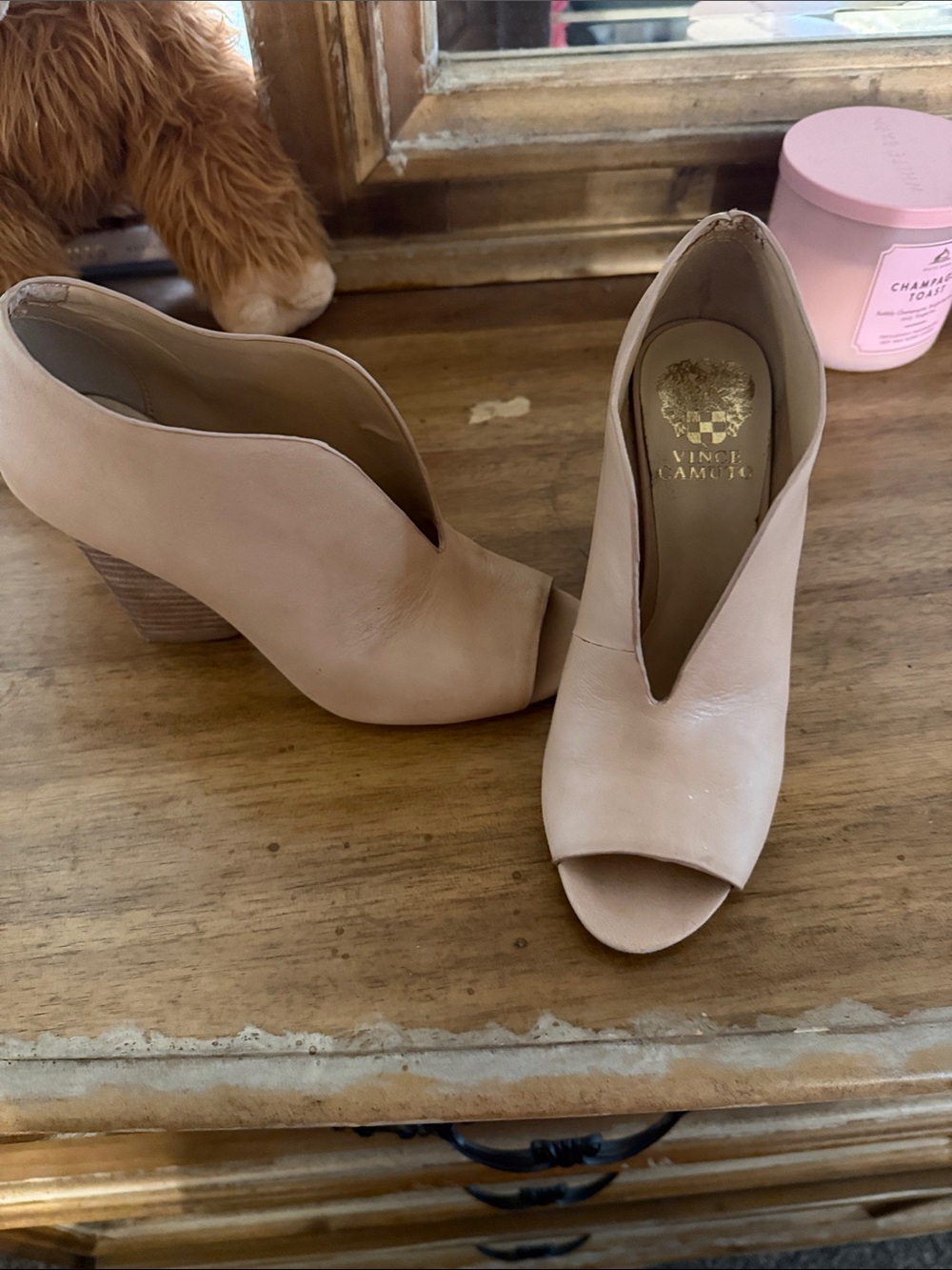 Vince Camuto Blush Peep-Toe Leather Mules
